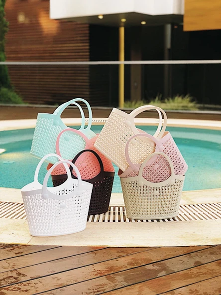 Arma House Örgü Desenli Küçük Boy Bej Rengi Plastik Plaj Çantası - Resim 4