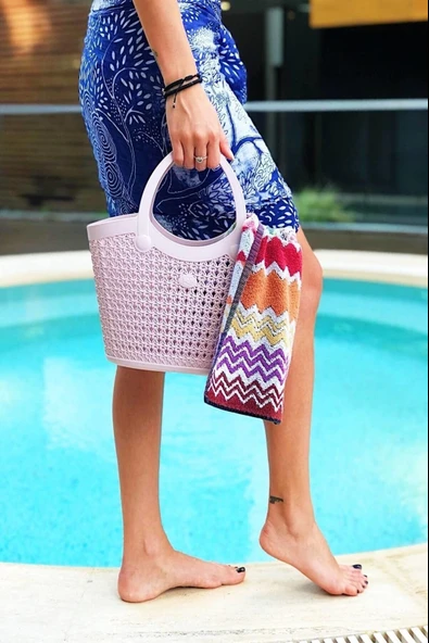 Arma House Örgü Desenli Küçük Boy Toz Pembe Plastik Plaj Çantası ürün görseli