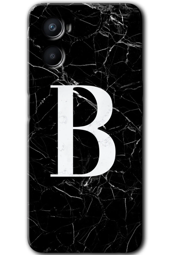 Oppo A36 Kılıf HD Desen Baskılı Arka Kapak - Siyah Mermer Desenli B Harfi