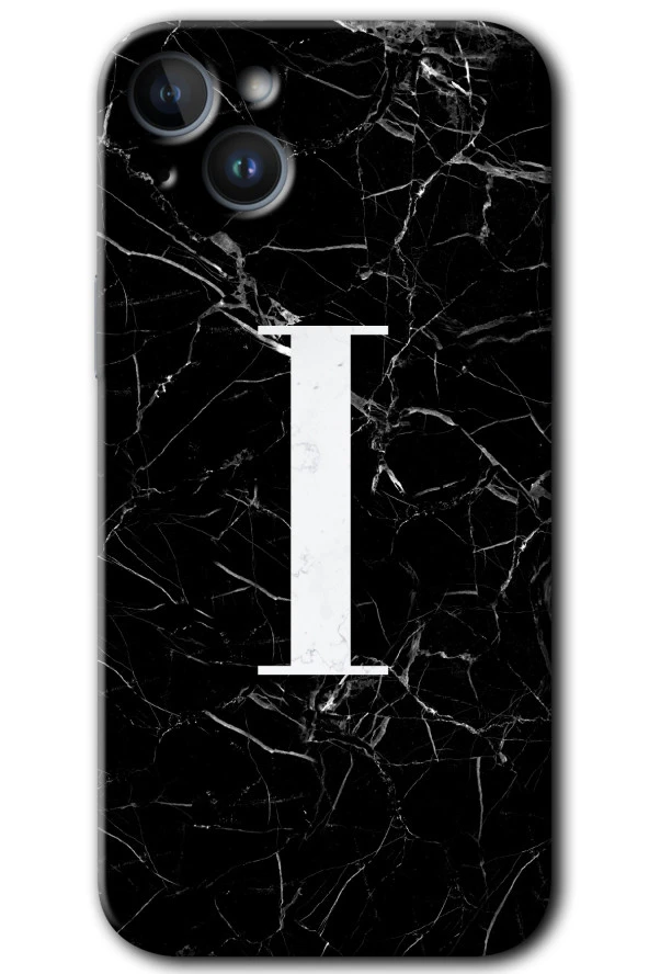 iPhone 14 Kılıf HD Desen Baskılı Arka Kapak - Siyah Mermer Desenli I Harfi