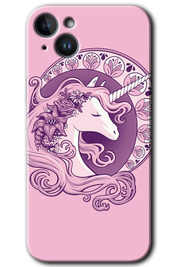 iPhone 14 Plus Kılıf HD Desen Baskılı Arka Kapak - Unicorn-Pembe