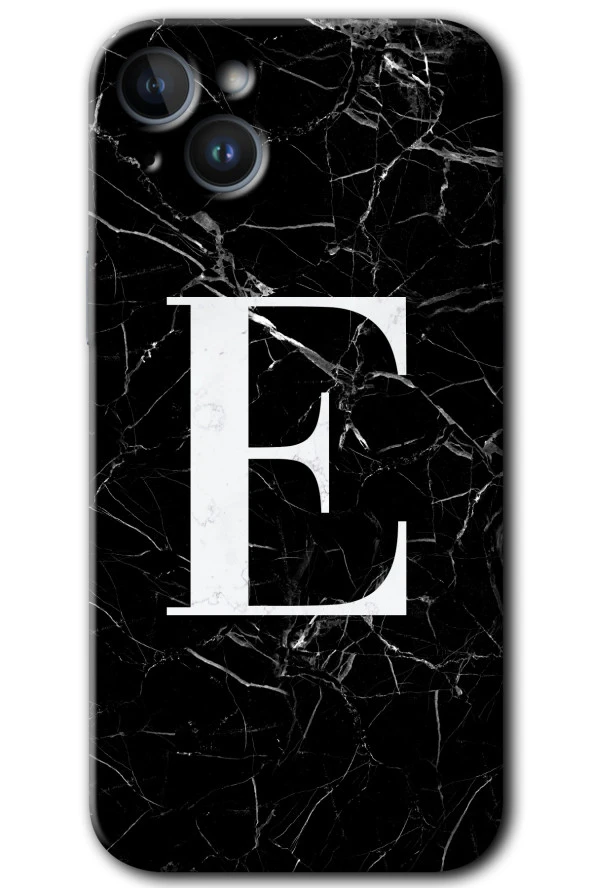 iPhone 14 Plus Kılıf HD Desen Baskılı Arka Kapak - Siyah Mermer Desenli E Harfi
