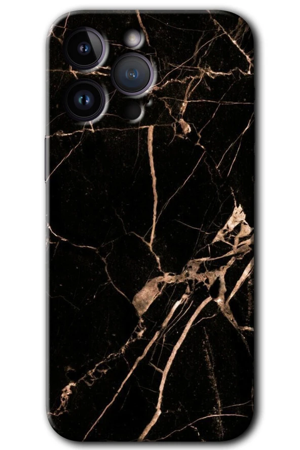 iPhone 14 Pro Kılıf HD Desen Baskılı Arka Kapak - Siyah Gold Mermer