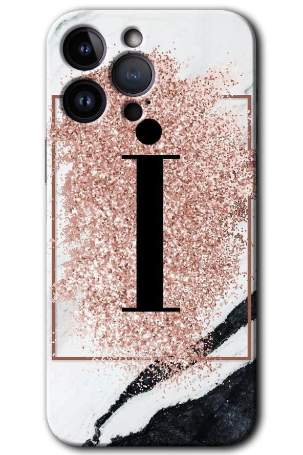 iPhone 14 Pro Kılıf HD Desen Baskılı Arka Kapak - Pembe Mermer Desenli İ Harfi