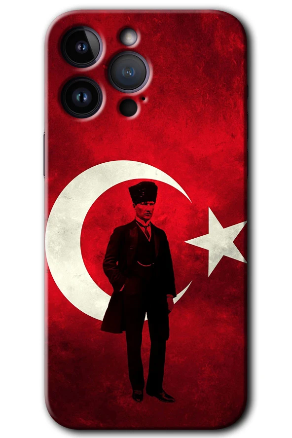 iPhone 14 Pro Max Kılıf HD Desen Baskılı Arka Kapak - Atatürk Bayrak