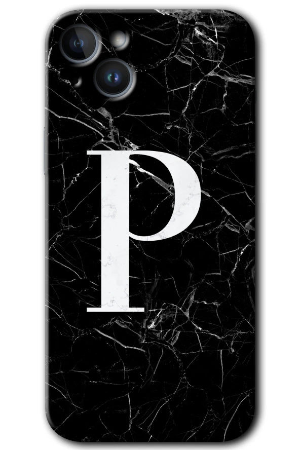 iPhone 15 Kılıf HD Desen Baskılı Arka Kapak - Siyah Mermer Desenli P Harfi