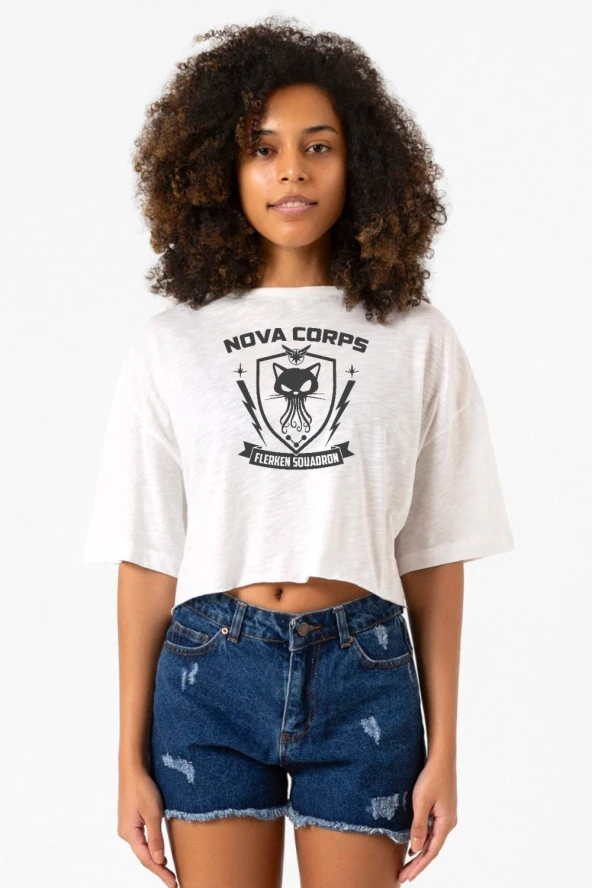 Nova Corps Flerken Squadron Beyaz Kırçıllı Kadın Crop Tshirt