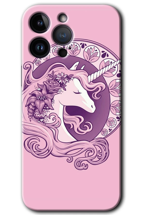 iPhone 15 Pro Kılıf HD Desen Baskılı Arka Kapak - Unicorn-Pembe