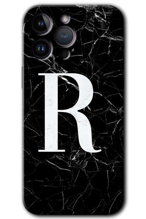 iPhone 15 Pro Kılıf HD Desen Baskılı Arka Kapak - Siyah Mermer Desenli R Harfi