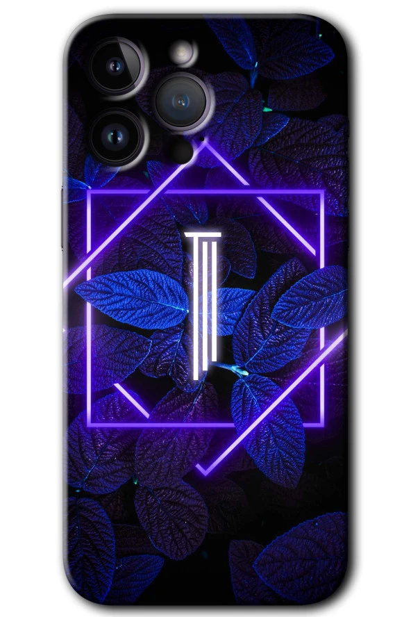 iPhone 15 Pro Kılıf HD Desen Baskılı Arka Kapak - Dark Neon Yaprak I Harfi