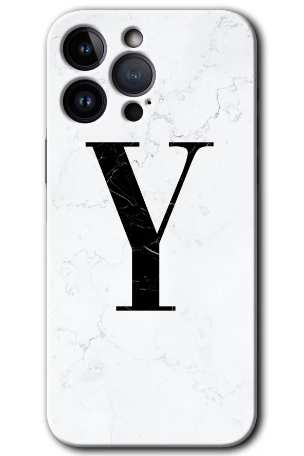 iPhone 15 Pro Max Kılıf HD Desen Baskılı Arka Kapak - Beyaz Mermer Desenli Y Harfi