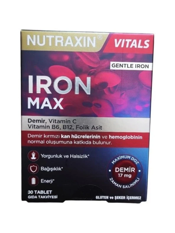 Nutraxin Iron Max Demir, Vitamin C, Vitamin B12 Içeren Takviye Edici Gıda 30 Tablet