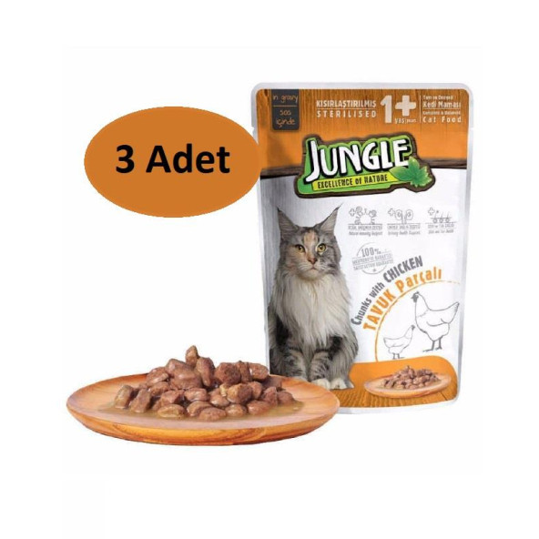 Jungle 3 Adet Pouch Jöleli Tavuklu Kısırlaştırılmış Kedi Konservesi 100gr