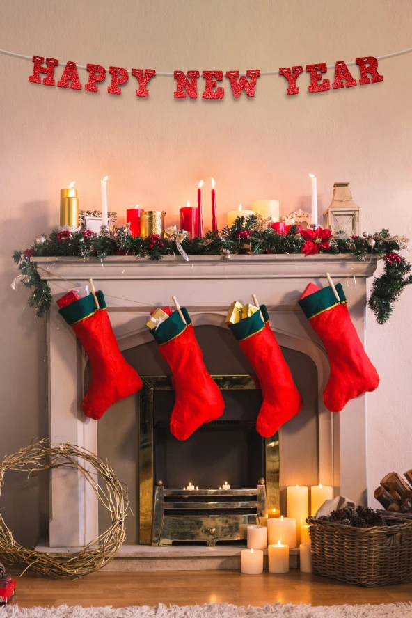 Kırmızı Happy New Year Yazılı Banner, Özel Gün, Davet Organizasyonu ,Yeni Yıl, Yılbaşı Sofrası, Simli Eva Banner ürün görseli 1