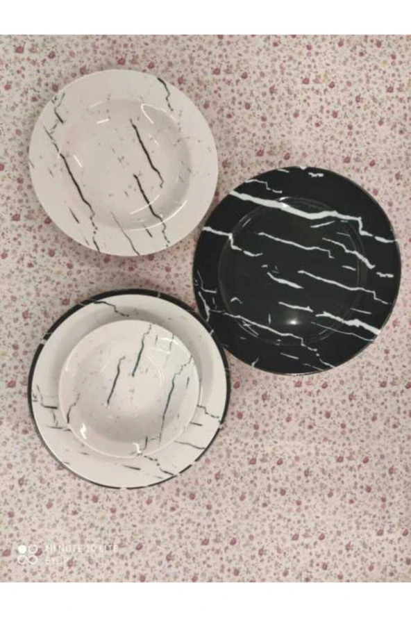 Porland Siyah Beyaz Dark Marble 24 Parça Yemek Takımı