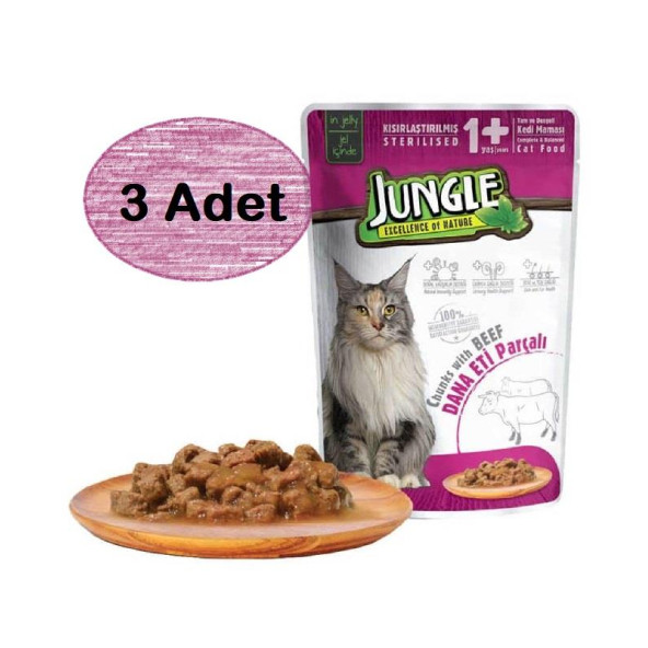 Jungle 3 Adet Pouch Sığır Eti Parçalı Kısırlaştırılmış Kedi Konservesi 100gr