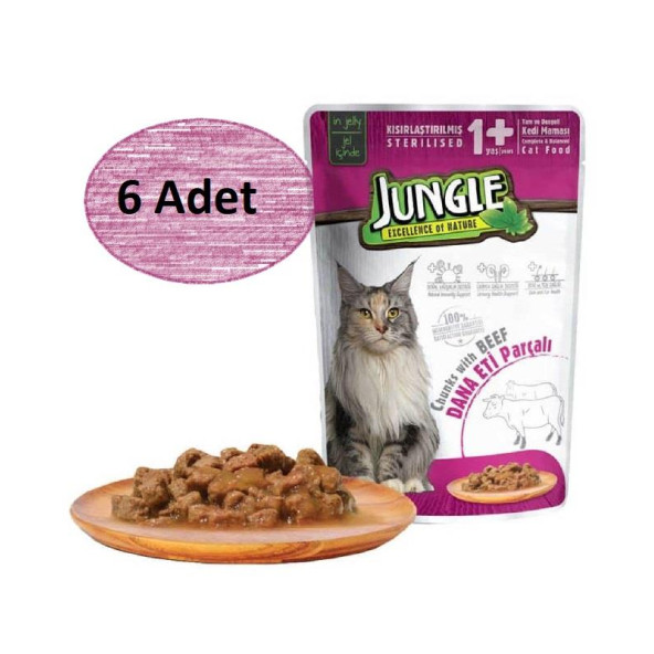 Jungle 6 Adet Pouch Sığır Eti Parçalı Kısırlaştırılmış Kedi Konservesi 100gr