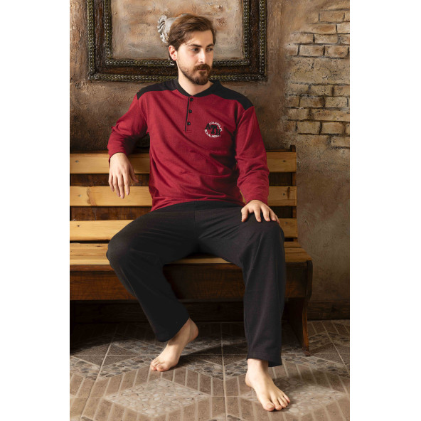 sude homewear Bordo Renk Erkek 2 İplik Uzun Kol Pijama Takımı