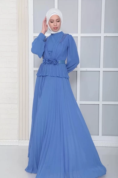 Omuz Ve Kemer Detaylı Pliseli Tesettür Abiye Elbise 816-İndigo - Resim 3