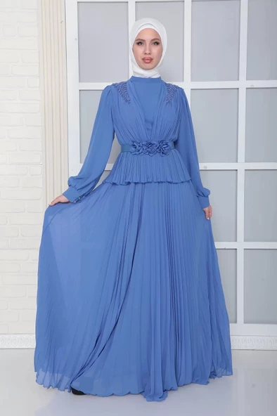 Omuz Ve Kemer Detaylı Pliseli Tesettür Abiye Elbise 816-İndigo ürün görseli
