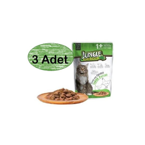 Jungle 3 Adet Pouch Tavuk Eti Parçalı Soslu Yetişkin Kedi Konservesi 100gr