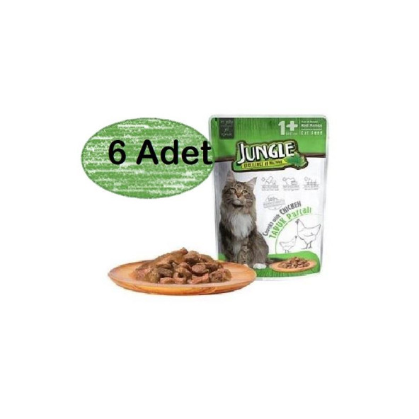 Jungle 6 Adet Pouch Tavuk Eti Parçalı Soslu Yetişkin Kedi Konservesi 100gr