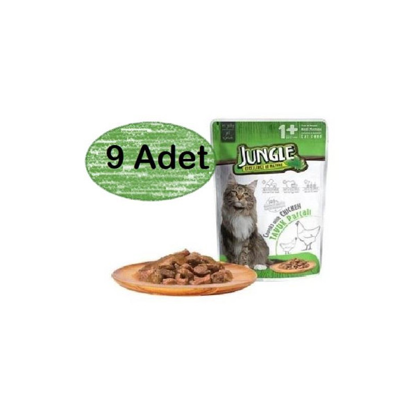 Jungle 9 Adet Pouch Tavuk Eti Parçalı Soslu Yetişkin Kedi Konservesi 100gr