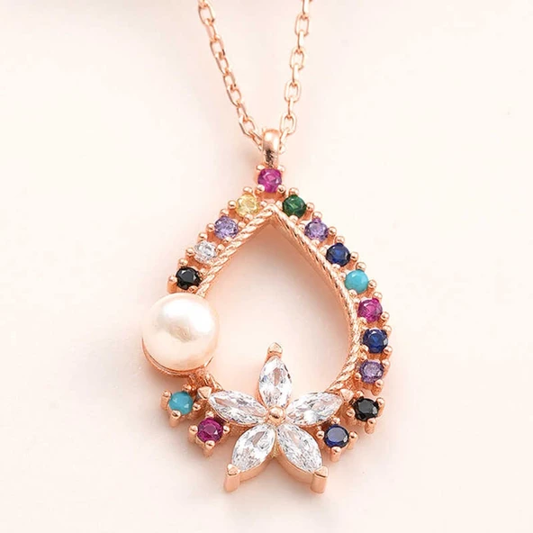 Lucky Life 925 Ayar Gumuss Rose Renkli Taşlı Çiçekli Lucky Life Lucky Life Lucky Life Kadın Kolye