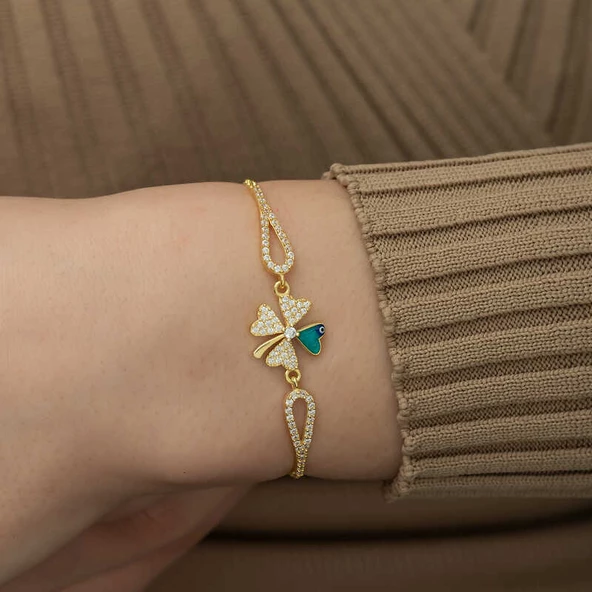 Gümüş Gold Nazarlı Yonca Bileklik SL3828 - Resim 2