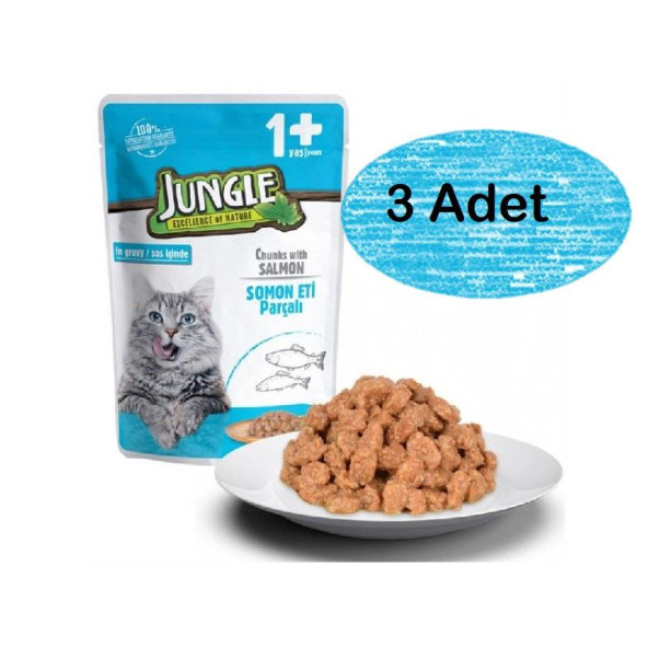 Jungle 3 Adet Pouch Somon Parçalı Yetişkin Kedi Konservesi 100gr