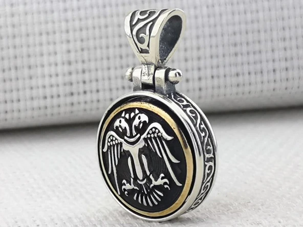 Çift Başlı Selçuklu Kartalı Ortası Dönen 925 Ayar Gümüş Kolye Ucu - Resim 2