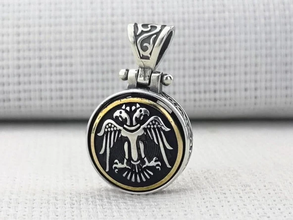 Çift Başlı Selçuklu Kartalı Ortası Dönen 925 Ayar Gümüş Kolye Ucu - Resim 3