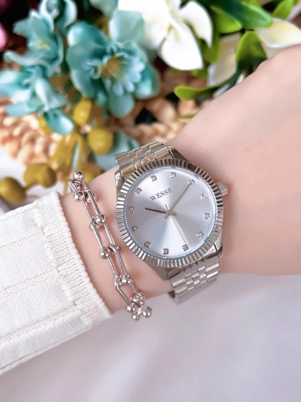 WW.L108808 Wesse Elite Çelik Kordon Kararmaz Renk Atmaz Bayan Kol Saati 50Mt Suya Dayanıklı+Bileklik - Resim 2