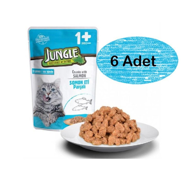 Jungle 6 Adet Pouch Somon Parçalı Yetişkin Kedi Konservesi 100gr