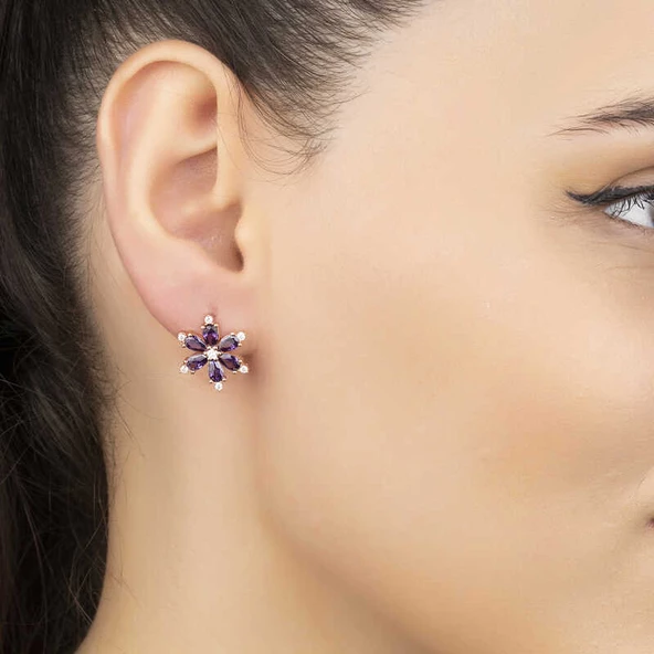 Gümüş Mor Lotus Çiçeği Kadın Küpe SL4888 - Resim 3