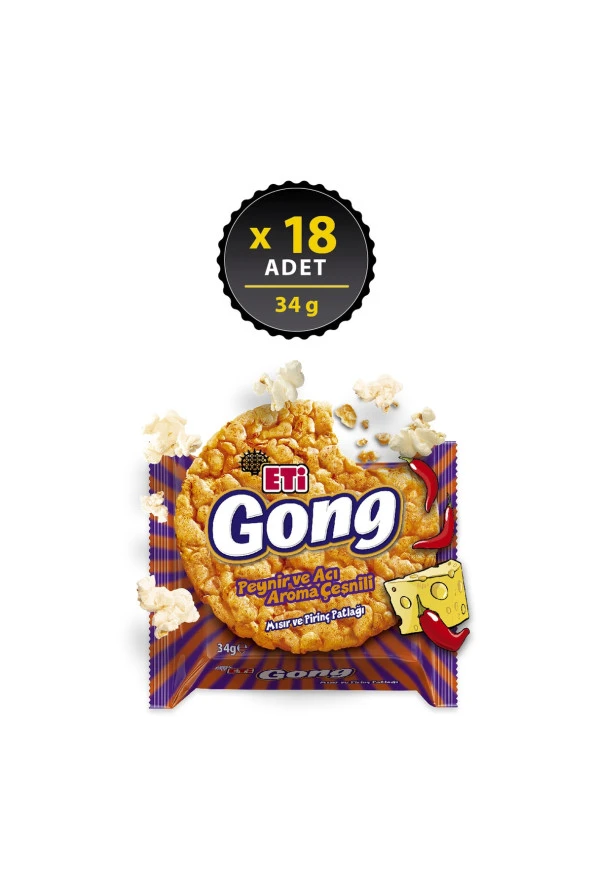 Gong Peynir ve Acı Aroma Çeşnili Mısır ve Pirinç Patlağı 34 g x 18 Adet