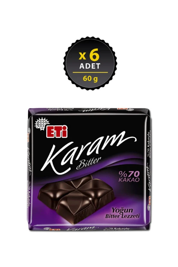 Karam 70 Kakaolu Bitter Çikolata 60 g x 6 Adet