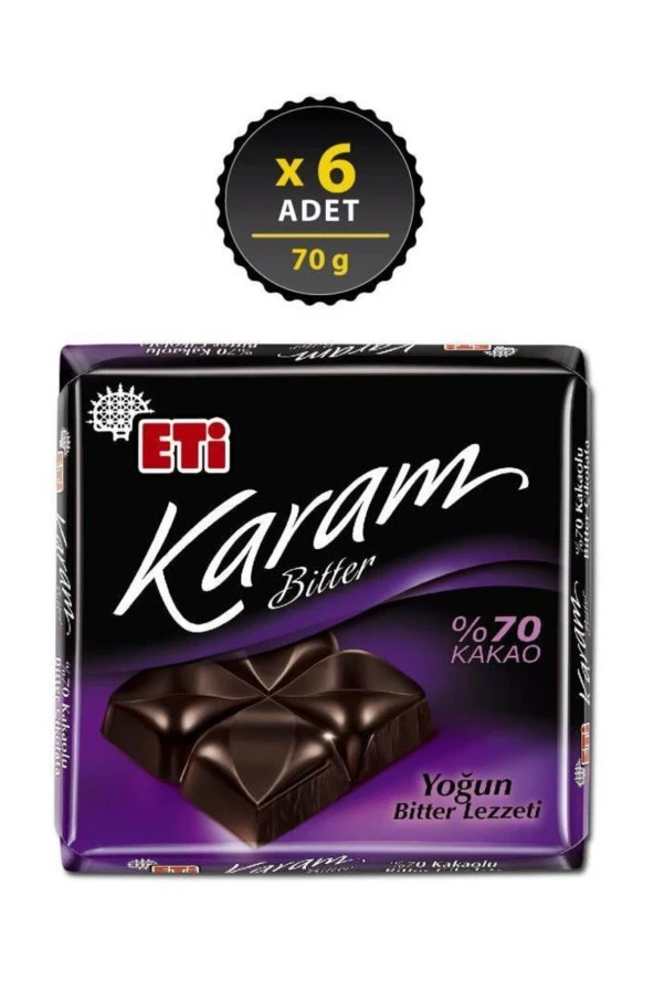 Karam 70 Kakaolu Bitter Çikolata 70 g x 6 Adet
