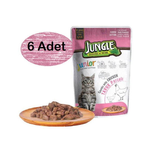Jungle 6 Adet Pouch Tavuk Eti Parçalı Yavru Kedi Konservesi 100gr
