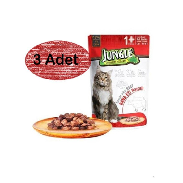 Jungle 3 Adet Pouch Sığır Eti Parçalı Soslu Yetişkin Kedi Konservesi 100gr