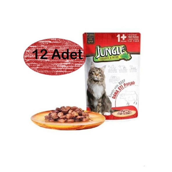 Jungle 12 Adet Pouch Sığır Eti Parçalı Soslu Yetişkin Kedi Konservesi 100gr