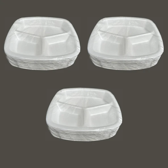 Dağyüce Tek Kullanımlık Köpük 3 Bölmeli Tabldot Köpük Tabak - 23.5x25 Cm. - 10 Adetlik 3 Paket