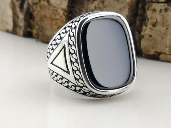 Siyah Oniks Taşlı Oval Dikdörtgen Tasarımlı 925 Ayar Gümüş Yüzük - Resim 3