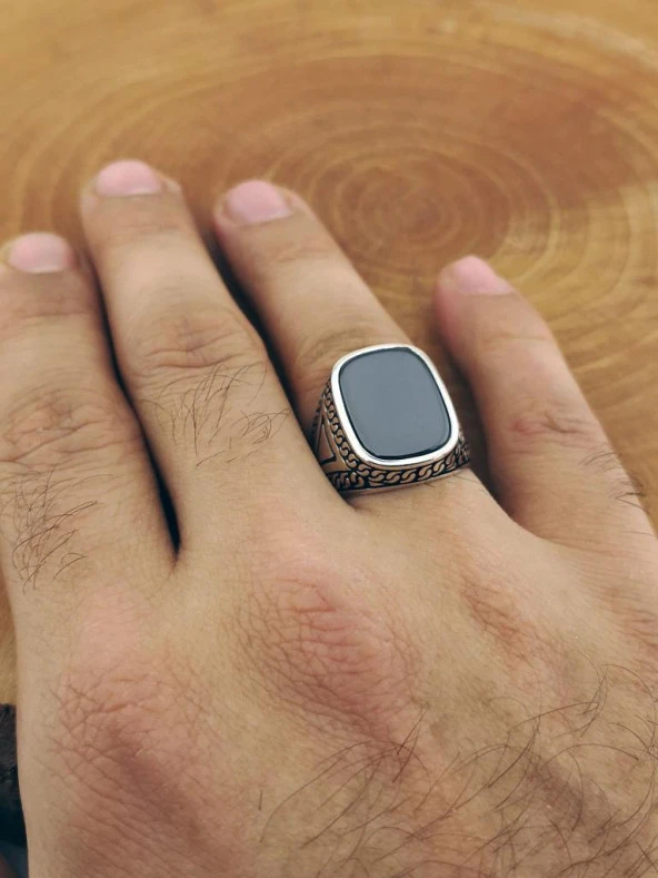 Siyah Oniks Taşlı Oval Dikdörtgen Tasarımlı 925 Ayar Gümüş Yüzük - Resim 4