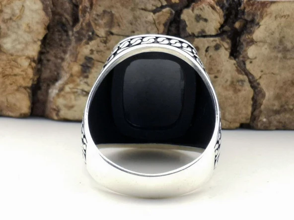 Siyah Oniks Taşlı Oval Dikdörtgen Tasarımlı 925 Ayar Gümüş Yüzük - Resim 5