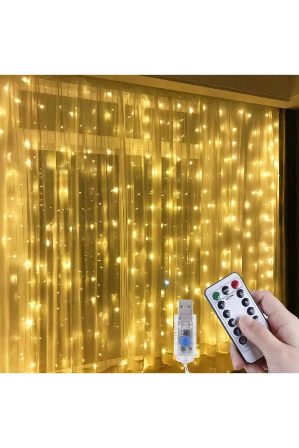 ROBEVE 3x3 Metre USB Peri Led Kumandalı Perde Asma Kancalı Peri Led Yılbaşı Led Gün Işığı Led Işık 8 Modlu