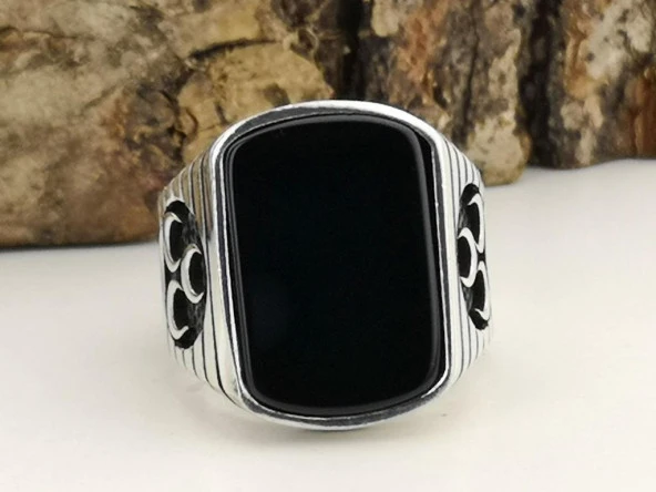 Üç Hilal Tasarımlı Siyah Oniks Taşlı 925 Ayar Gümüş Yüzük - Resim 3