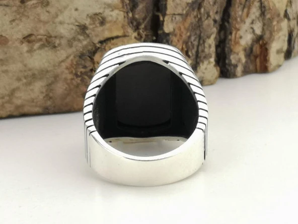 Üç Hilal Tasarımlı Siyah Oniks Taşlı 925 Ayar Gümüş Yüzük - Resim 4