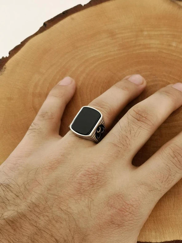 Üç Hilal Tasarımlı Siyah Oniks Taşlı 925 Ayar Gümüş Yüzük - Resim 5