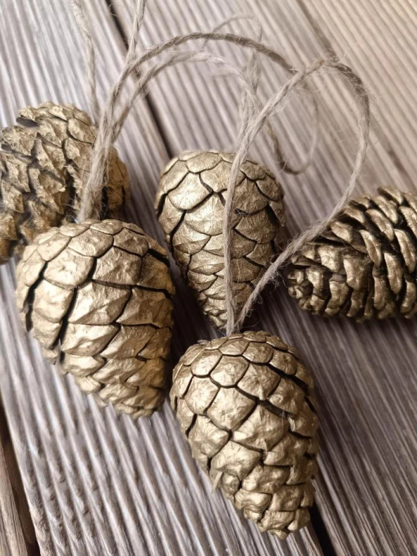 5 Adet İpli Çam Kozalak Yılbaşı Çam Ağaç Süsü Hobi Parti Malzemesi Altın Simli Renk - 2